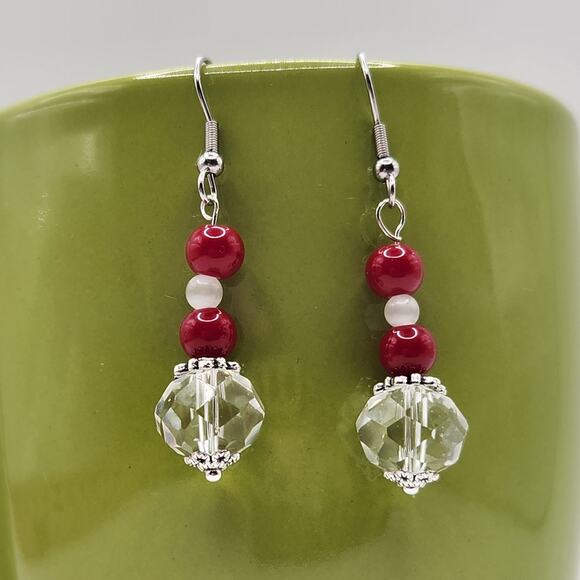 Handmade Earrings with Crystal, Red Coral, and Moonstone – 2" Dangle - Picture 9 of 10